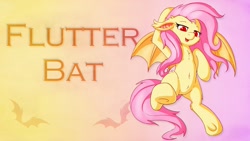 Size: 1902x1070 | Tagged: safe, artist:fearingfun, artist:notsafe2safeponies, edit, fluttershy, bat pony, pony, g4, bat ponified, bed, bedroom eyes, belly button, cute, female, floppy ears, flutterbat, open mouth, race swap, sfw edit, solo, underhoof, wallpaper, wallpaper edit