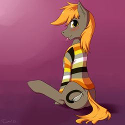 Size: 1024x1024 | Tagged: safe, artist:notsafe2safeponies, artist:twotail813, edit, oc, oc only, oc:umber, earth pony, pony, blushing, looking at you, male, sfw edit, sitting, smiling, solo, spread legs, spreading, tongue out