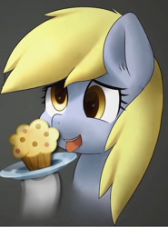 Size: 640x865 | Tagged: safe, artist:marble-soda, artist:notsafe2safeponies, edit, derpy hooves, pegasus, pony, g4, bust, cute, food, muffin, sfw edit, tongue out