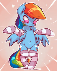 Size: 828x1024 | Tagged: safe, artist:atryl, artist:notsafe2safeponies, edit, rainbow dash, pegasus, semi-anthro, g4, abstract background, arm hooves, armpits, belly button, bipedal, blushing, both cutie marks, chest fluff, clothes, cute, female, mare, sfw edit, socks, solo, striped socks