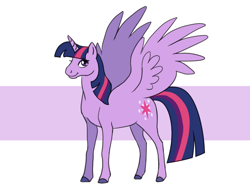 Size: 1000x750 | Tagged: safe, artist:mayelia, twilight sparkle, alicorn, pony, g4, colored hooves, female, hoers, mare, simple background, smiling, solo, spread wings, twilight sparkle (alicorn), wings