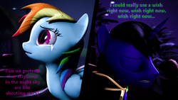 Size: 7680x4320 | Tagged: safe, artist:lagmanor, rainbow dash, oc, oc:lagmanor amell, pegasus, pony, unicorn, g4, 3d, absurd resolution, aeroplanes and meteor showers, airplanes (song), closed eye, clothes, crying, eyes closed, female, horn, looking up, male, mane, mare, meme, meme parody, night, night sky, pine tree, ponyville, sfm ponyville, shipping, sitting, sky, source filmmaker, stallion, standing, teary eyes, text, tree, wings