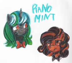 Size: 1967x1739 | Tagged: safe, artist:equmoria, oc, oc only, oc:archet vivace, oc:piano mint, pegasus, pony, unicorn, bowtie, female, mare, marker drawing, traditional art