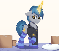 Size: 3500x3000 | Tagged: safe, artist:arcane-thunder, oc, oc only, oc:arcane thunder, pony, unicorn, clothes, glowing horn, high res, hoodie, horn, socks, solo, striped socks