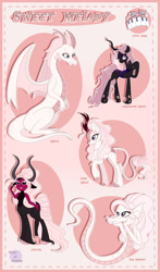 Size: 900x1528 | Tagged: safe, artist:happy-go-creative, oc, oc:sweet melody, centaur, changeling, changeling queen, dragon, kirin, sea serpent, taur, double colored changeling, female, pink changeling, purple changeling, reference, reference sheet