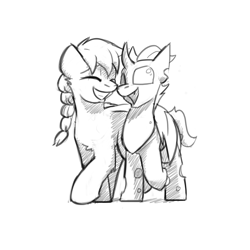 Size: 1280x1280 | Tagged: safe, artist:captainhoers, oc, oc:stormwing gale, oc:tectus ignis, changeling, pegasus, pony, black and white, female, grayscale, hug, interspecies, lesbian