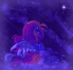 Size: 2388x2308 | Tagged: safe, artist:equmoria, oc, oc only, pegasus, pony, cloud, goggles, high res, night, sitting, solo, stars