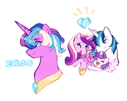 Size: 1118x892 | Tagged: safe, artist:kino-ta, princess cadance, princess flurry heart, shining armor, oc, oc:eros, pony, unicorn, g4, brother and sister, crystal heart, father and child, father and daughter, father and son, female, male, mother and child, mother and daughter, mother and son, offspring, open mouth, open smile, parent:princess cadance, parent:shining armor, parents:shiningcadance, ship:shiningcadance, shipping, siblings, simple background, smiling, straight, white background