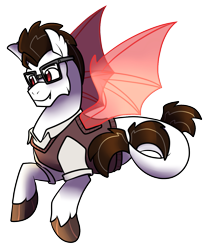 Size: 1105x1326 | Tagged: safe, artist:eternity9, oc, oc only, bat pony, pony, seapony (g4), bat wings, brown mane, clothes, dorsal fin, fangs, fins, fish tail, flowing tail, glasses, male, red eyes, seaponified, simple background, solo, species swap, spread wings, tail, transparent background, wings