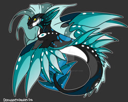 Size: 1024x820 | Tagged: safe, artist:donivanessdoodles, oc, oc only, merpony, seapony (g4), deviantart watermark, dorsal fin, fin wings, fish tail, flowing mane, flowing tail, gray background, obtrusive watermark, simple background, smiling, solo, spread wings, tail, watermark, wings, yellow eyes