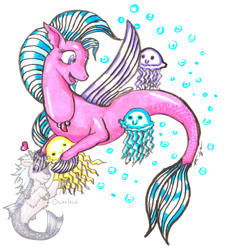 Size: 828x914 | Tagged: safe, artist:missoverlord, edit, silverstream, jellyfish, seapony (g4), g4, blue mane, bubble, dorsal fin, female, fin wings, fins, fish tail, flowing mane, flowing tail, heart, jewelry, logo, logo edit, necklace, ocean, open mouth, purple eyes, seapony silverstream, signature, simple background, smiling, solo, swimming, tail, underwater, water, wings