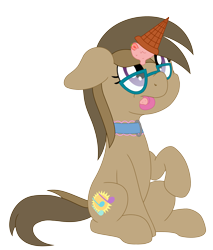Size: 3400x4000 | Tagged: safe, artist:djdavid98, oc, oc only, oc:dawnsong, earth pony, pony, brown fur, brown mane, choker, commission, female, floppy ears, food, glasses, ice cream, ice cream cone, ice cream horn, looking up, purple eyes, raised leg, simple background, sitting, solo, strawberry, tongue out, transparent background, ych result