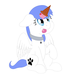 Size: 3400x4000 | Tagged: safe, artist:djdavid98, oc, oc only, oc:snow pup, pegasus, pony, blue mane, collar, commission, cyan eyes, female, floppy ears, food, ice cream, ice cream cone, ice cream horn, looking up, raised leg, simple background, sitting, solo, spread wings, strawberry, tongue out, transparent background, white fur, wings, ych result