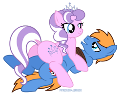 Size: 1200x925 | Tagged: safe, alternate version, artist:jennieoo, diamond tiara, oc, oc:rozyfly, earth pony, pegasus, pony, g4, arm behind back, bedroom eyes, bondage, butt, diamond buttiara, diamondfly, dock, female, male, older, older diamond tiara, on top, plot, rope, rope bondage, shipping, show accurate, simple background, smiling, straight, tied up, transparent background, vector