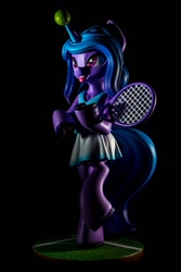 Size: 853x1280 | Tagged: source needed, safe, artist:chyvak, izzy moonbow, unicorn, semi-anthro, g5, arm hooves, ball, bipedal, clothes, dark background, horn, horn impalement, hornball, izzy's tennis ball, skirt, solo, tennis ball, tennis racket