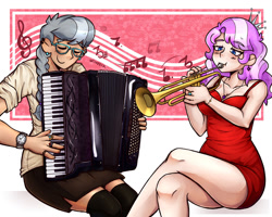 Size: 1280x1024 | Tagged: safe, artist:wiloptik, diamond tiara, silver spoon, human, g4, accordion, breasts, cleavage, clothes, eyes closed, female, humanized, jewelry, lesbian, music notes, musical instrument, ship:silvertiara, shipping, socks, thigh highs, trumpet, zettai ryouiki