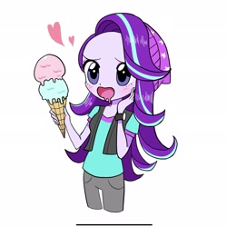 Size: 2051x2047 | Tagged: safe, artist:glitterrrrr, starlight glimmer, human, equestria girls, equestria girls specials, g4, mirror magic, beanie, clothes, drool, floating heart, food, forehead, hat, heart, high res, ice cream, open mouth, simple background, solo, white background