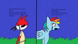 Size: 819x460 | Tagged: safe, artist:mewteorite, rainbow dash, bird, pegasus, pony, robin (bird), g4, 1000 hours in ms paint, crossover, crossover shipping, crying, female, margadash, margaret, meme, red jay, shipping, somebody that i used to know