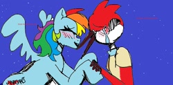 Size: 1123x551 | Tagged: safe, artist:sstupidcat, rainbow dash, bird, pegasus, pony, robin (bird), g4, 1000 hours in ms paint, blushing, crossover, crossover shipping, crying, ellie goulding, female, love me like you do, male, margadash, margaret, red jay, regular show, sad smile, shipping, song, tattoo