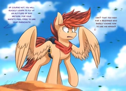 Size: 3450x2500 | Tagged: safe, artist:kaylerustone, oc, oc only, oc:kayle rustone, pegasus, pony, bag, clothes, cloud, dialogue, high res, hill, looking down, male, open mouth, raised hoof, rock, scared, scarf, spread wings, stallion, sweat, wind, wings