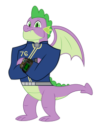 Size: 6043x7800 | Tagged: safe, artist:php170, spike, dragon, fallout equestria, g4, the last problem, absurd resolution, clothes, fallout, fallout 76, gigachad spike, jumpsuit, looking at you, male, older, older spike, pip-boy 2000 mark vi, pipboy, pipbuck, simple background, smiling, smiling at you, solo, transparent background, vault suit, vector, winged spike, wings