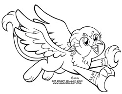 Size: 647x500 | Tagged: safe, artist:marybellamy, gabby, griffon, g4, commission, flying, lineart, monochrome, patreon, patreon reward, simple background, smiling, solo, white background