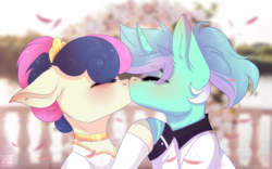 Size: 2948x1836 | Tagged: safe, artist:elektra-gertly, bon bon, lyra heartstrings, sweetie drops, earth pony, pony, unicorn, g4, blushing, cherry blossoms, duo, eye clipping through hair, eyes closed, female, flower, flower blossom, holding hooves, kiss on the lips, kissing, lesbian, mare, marriage, ship:lyrabon, shipping