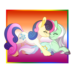 Size: 2500x2500 | Tagged: safe, artist:will-owl-the-wisp, bon bon, lyra heartstrings, sweetie drops, earth pony, pony, unicorn, g4, abstract background, ear fluff, eyes closed, female, high res, lesbian, lesbian pride flag, mare, nuzzling, pride, pride flag, ship:lyrabon, shipping, smiling