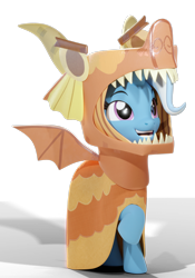 Size: 3240x4641 | Tagged: safe, artist:xppp1n, trixie, pony, unicorn, g4, 3d, blender, blender cycles, dragon costume, female, mare, open mouth, raised hoof, raised leg, scene interpretation, simple background, smiling, solo, transparent background