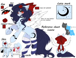 Size: 4391x3383 | Tagged: safe, artist:krissstudios, oc, oc only, oc:louna, pegasus, pony, bow, clothes, female, hair bow, mare, reference sheet, socks, solo, striped socks