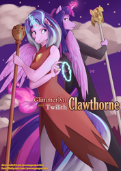 Size: 2480x3508 | Tagged: safe, artist:pwnagespartan, starlight glimmer, twilight sparkle, alicorn, unicorn, anthro, g4, clothes, cosplay, costume, crossover, dress, duo, edalyn clawthorne, high res, lilith clawthorne, owlbert, palisman, pantyhose, raven staff, scepter, staff, the owl house, twilight scepter, twilight sparkle (alicorn)