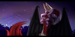 Size: 3000x1503 | Tagged: safe, artist:inspiredpixels, oc, oc only, pony, bat wings, bust, crescent moon, female, licking, looking at you, looking back, looking back at you, mare, moon, night, night sky, shooting star, signature, sky, solo, starry night, tongue out, underhoof, wings