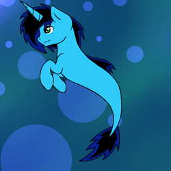 Size: 1200x1200 | Tagged: safe, artist:greenskye26, oc, oc only, pony, seapony (g4), unicorn, blue background, blue mane, bubble, fish tail, flowing mane, flowing tail, green eyes, horn, ocean, seaponified, simple background, solo, species swap, swimming, tail, underwater, water
