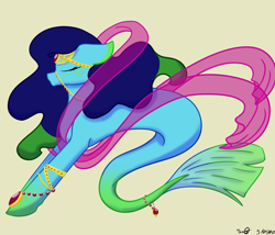 Size: 3500x3000 | Tagged: safe, artist:ocean-sketch, oc, oc only, earth pony, hybrid, merpony, pony, seapony (g4), blue mane, eyes closed, female, fish tail, flowing mane, flowing tail, gem, high res, jewelry, necklace, pearl necklace, regalia, seaponified, signature, simple background, solo, species swap, tail, yellow background
