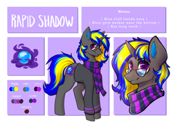 Size: 3508x2480 | Tagged: safe, artist:earthpone, oc, oc only, oc:rapid shadow, bat pony, pony, unicorn, clothes, colored pupils, cutie mark, fangs, freckles, glasses, high res, hoodie, horn, looking at you, male, reference sheet, scarf, smiling, smiling at you, solo, stallion, standing, teeth