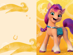 Size: 1600x1200 | Tagged: safe, sunny starscout, earth pony, pony, g5, my little pony: a new generation, official, abstract background, bag, book, female, mare, open mouth, ponies unite, solo, volumetric mouth