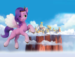 Size: 1600x1200 | Tagged: safe, pipp petals, pegasus, pony, g5, my little pony: a new generation, official, adorapipp, book, cloud, cute, female, flying, mare, ponies unite, solo, zephyr heights