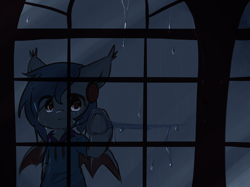 Size: 2732x2048 | Tagged: safe, artist:yilo, oc, oc only, oc:canora, bat pony, semi-anthro, arm hooves, clothes, high res, hoodie, rain, solo, window