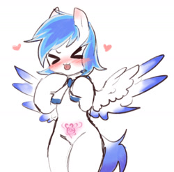 Size: 1429x1410 | Tagged: safe, artist:yilo, oc, oc only, oc:canicula, pegasus, pony, semi-anthro, :3, ><, arm hooves, blushing, eyes closed, heart, simple background, solo, tattoo, tongue out, white background, womb tattoo