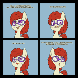 Size: 1414x1414 | Tagged: safe, artist:happy harvey, twist, earth pony, pony, g4, 4 panel comic, colored, colored pupils, comic, cookie, dialogue, female, filly, food, four panel meme, freckles, glasses, lisp, looking down, looking up, open mouth, peanuts, phone drawing, ponified, simple background, sweat