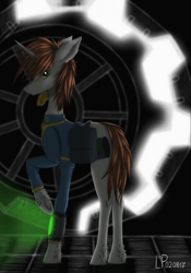 Size: 3500x5000 | Tagged: safe, artist:ajax, artist:willdrawhere, oc, oc only, oc:littlepip, pony, unicorn, fallout equestria, clothes, jumpsuit, old, pipbuck, solo, stable (vault), stable 2, vault, vault suit