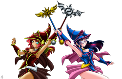 Size: 3213x2100 | Tagged: safe, alternate version, artist:mauroz, sci-twi, sunset shimmer, twilight sparkle, human, g4, anime, armpits, clothes, commission, crossover, dark magician, dark magician girl, female, glasses, high res, humanized, magic, magic circle, open mouth, redraw, scepter, simple background, transparent background, yu-gi-oh!