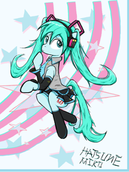 Size: 1688x2248 | Tagged: safe, artist:sallycars, kotobukiya, earth pony, pony, anime, clothes, female, hatsune miku, headphones, kotobukiya hatsune miku pony, legitimately amazing mspaint, mare, ms paint, necktie, ponified, shirt, skirt, solo, stars, stockings, thigh highs, vocaloid
