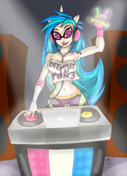 Size: 868x1200 | Tagged: safe, artist:dustbunnypictures, dj pon-3, vinyl scratch, human, g4, clothes, evening gloves, female, fingerless elbow gloves, fingerless gloves, gloves, glowstick, horn, horned humanization, humanized, indoors, long gloves, midriff, smiling, solo, sunglasses, turntable