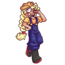 Size: 1003x1003 | Tagged: safe, artist:pinqqbones, applejack, human, g4, alternate hairstyle, applejack's hat, blood, blushing, boots, clothes, cowboy hat, female, grin, hat, humanized, one eye closed, overalls, shirt, shoes, simple background, smiling, solo, t-shirt, white background, wink