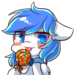 Size: 629x630 | Tagged: safe, artist:yilo, oc, oc only, oc:canicula, pony, blushing, candy, floppy ears, food, licking, lollipop, simple background, solo, tongue out, transparent background