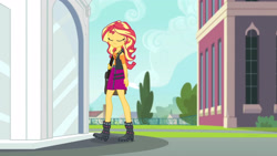 Size: 3410x1920 | Tagged: safe, screencap, sunset shimmer, equestria girls, equestria girls series, forgotten friendship, bag, boots, canterlot high, clothes, cutie mark, cutie mark on clothes, eyes closed, female, geode of empathy, jacket, leather, leather jacket, magical geodes, shoes, solo, statue, walking