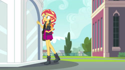 Size: 3410x1920 | Tagged: safe, screencap, sunset shimmer, equestria girls, equestria girls series, forgotten friendship, bag, boots, canterlot high, clothes, cutie mark, cutie mark on clothes, female, geode of empathy, jacket, leather, leather jacket, magical geodes, shoes, solo, statue, walking