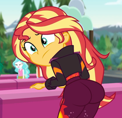 Size: 842x813 | Tagged: safe, artist:wanderingeditor, edit, edited screencap, screencap, paisley, sunset shimmer, equestria girls, equestria girls specials, g4, my little pony equestria girls: better together, my little pony equestria girls: sunset's backstage pass, ass, barrier, bent over, bunset shimmer, butt, butt edit, clothes, cropped, female, jacket, large butt, music festival outfit, outdoors, solo