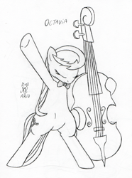 Size: 450x604 | Tagged: safe, artist:srmario, octavia melody, earth pony, pony, g4, bipedal, bowtie, cello, eyes closed, featureless crotch, female, grayscale, lineart, mare, monochrome, musical instrument, raised hoof, signature, solo, traditional art, underhoof